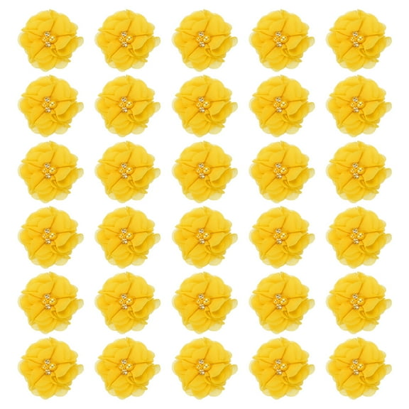 Chiffon Flowers Rhinestone Pearl Sewing Fabric Flowers Artificial Appliques Embellishments Yellow