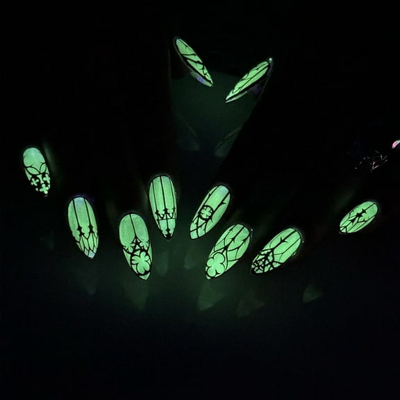 24PCS Halloween Press on Nails, Almond-Shaped with Fluorescent Gothic Medieval Castle Design, Detachable Reusable Acrylic Fake Nails, Spooky Festive Manicure Kit for Women Girls, Halloween Party & Da