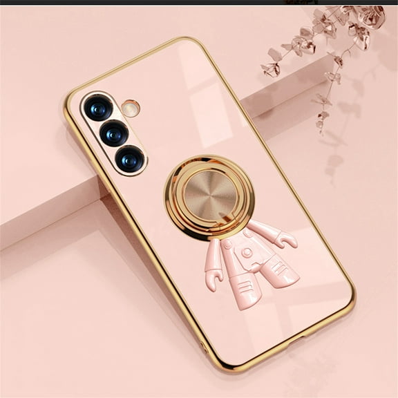 Decase for Samsung Galaxy S24 Plus Electroplate Silicone Ring Shell Case,with Hidden Ring Holder Stand,Three-Dimension Astronaut,Plating Shockproof Magnetic-Scratch Resistant Anti-Fall Cover,Lightpink