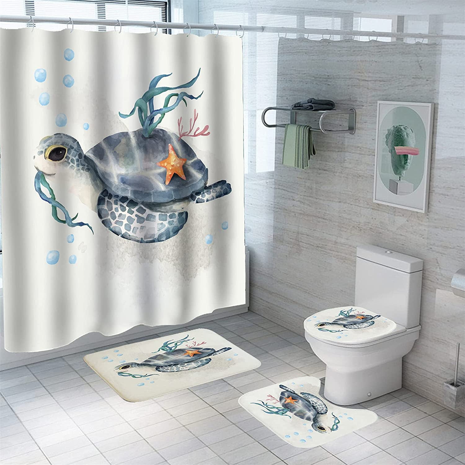 4PC/Set Anti-Slip Bathroom Pedestal Rug+Lid Toilet Cover+Bath Mat+Shower Curtain 