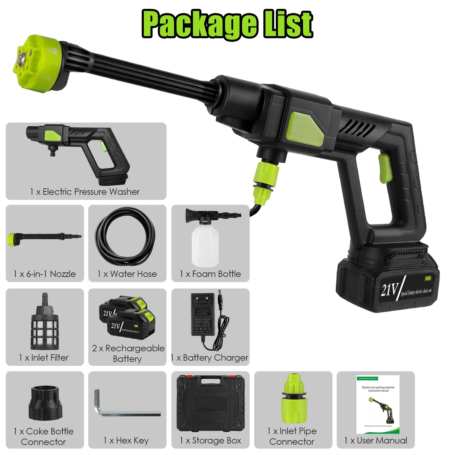 Cordless Pressure Washer Portable Electric Power Washer High Pressure Water Sprayer 435PSI Car Washer Cleaner with 6-in-1 Nozzle Foam Bottle Filter 15000mAh 21V Battery and Charger