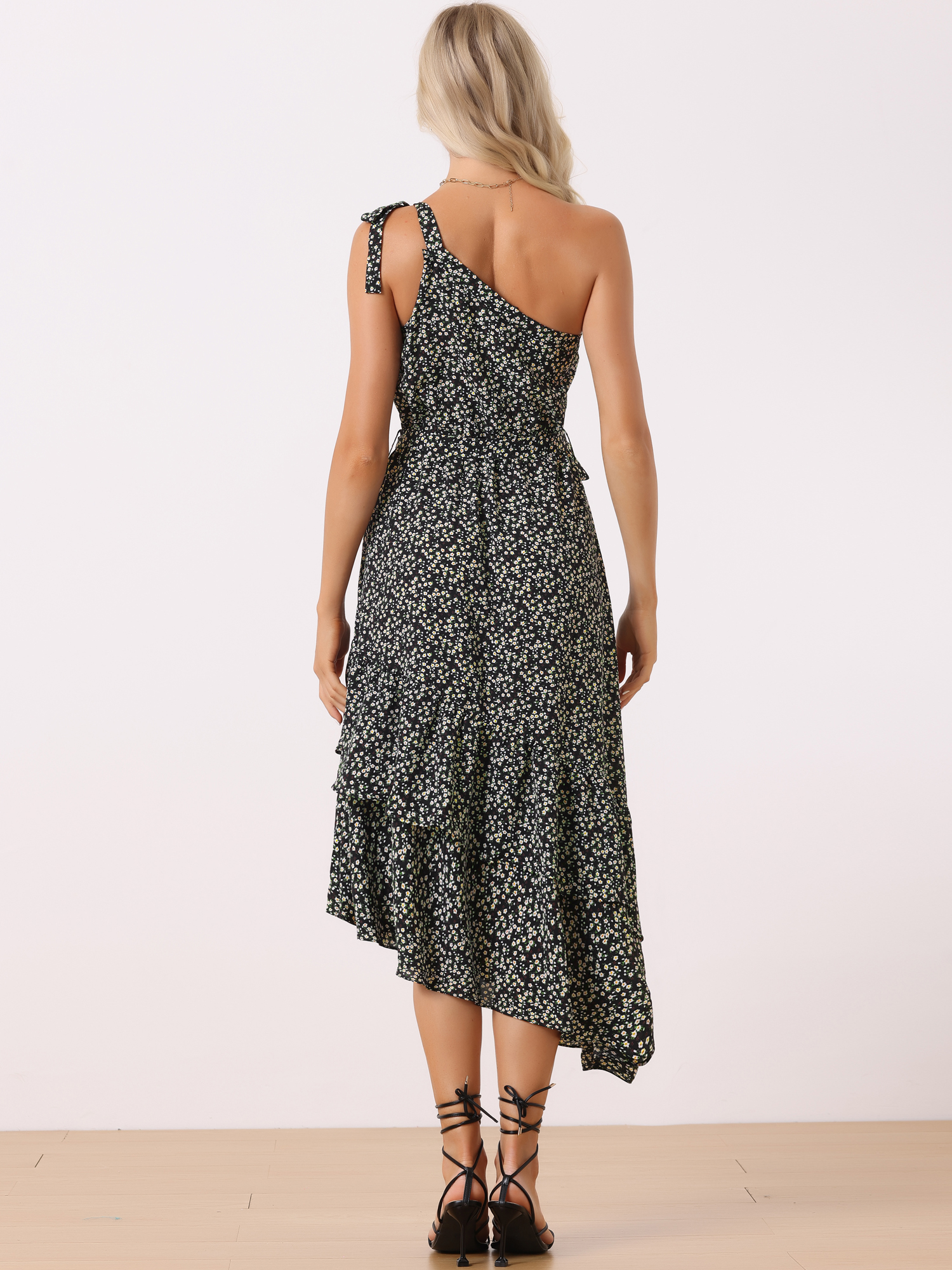 Unique Bargains Women's Sleeveless Layered One Shoulder Tie Floral Midi Dress XS Black