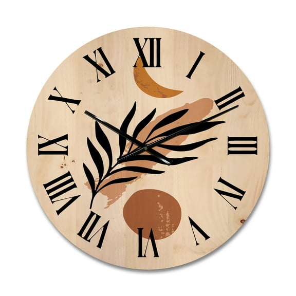 Designart 'Abstact Tropical Palm Leaf, Minimal Sun And Moon I' Modern Wood Wall Clock