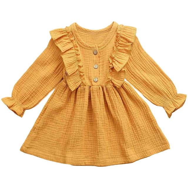 Splozh Tenue d'Automne pour Tout-Petites Filles Tout-Petit Enfants Bébé Fille Robe de Fête en Lin Uni à Boutons et Volants Vêtements Jaune, 3-4 Ans