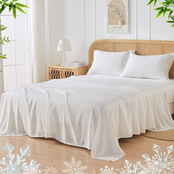 JELLYMONI 4 Pieces Cooling Queen Sheets Set, Microfiber & Bamboo Sheet Set, Breathable & Wrinkle Free - 16" Deep Pockets Bedding Sheets & Pillowcases,White