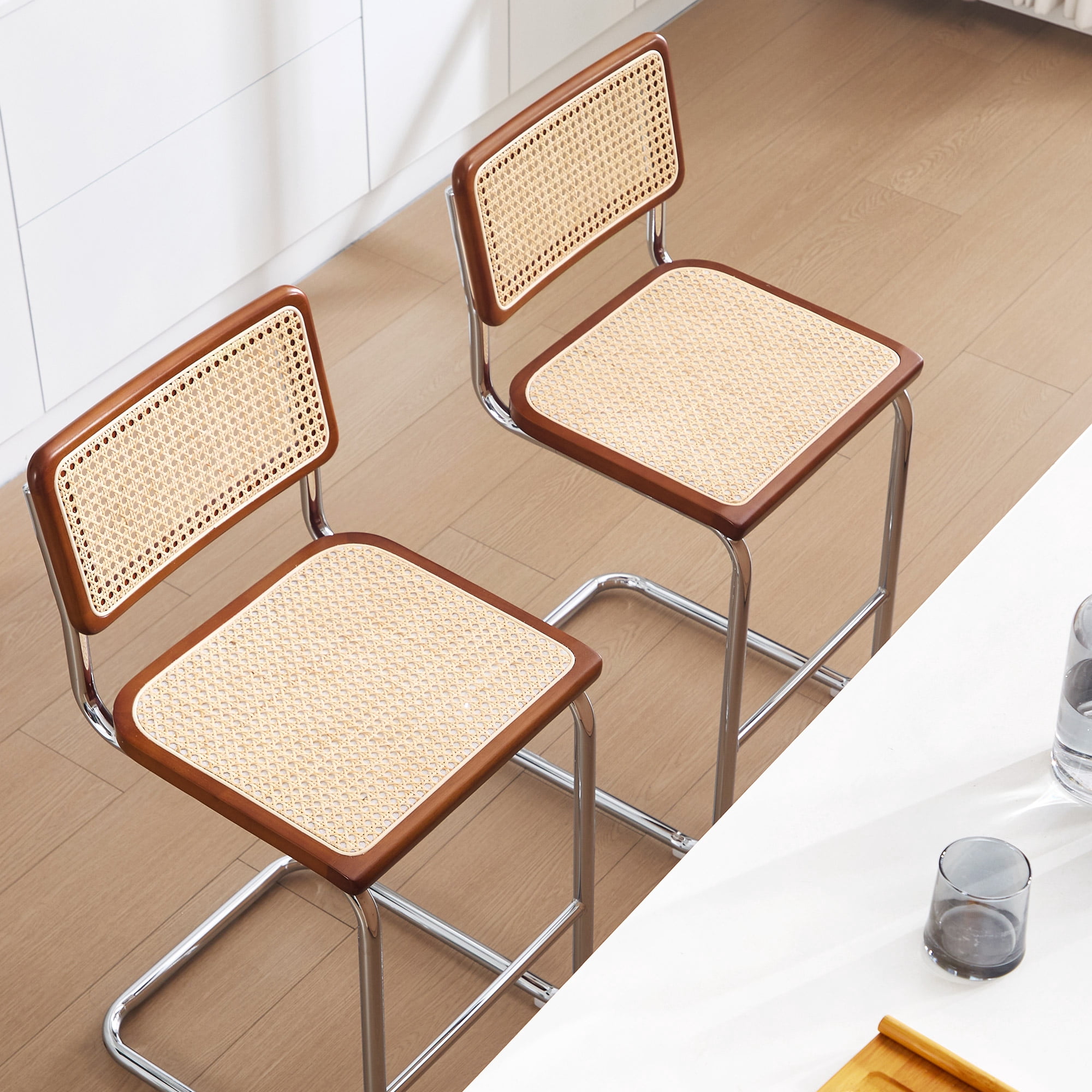 Zesthouse Rattan Counter Height Bar Stools Set of 2, 24.8" Counter Height Chairs with Cane Back, Mid Century Modern Barstools for Kitchen Island, Walnut Tone