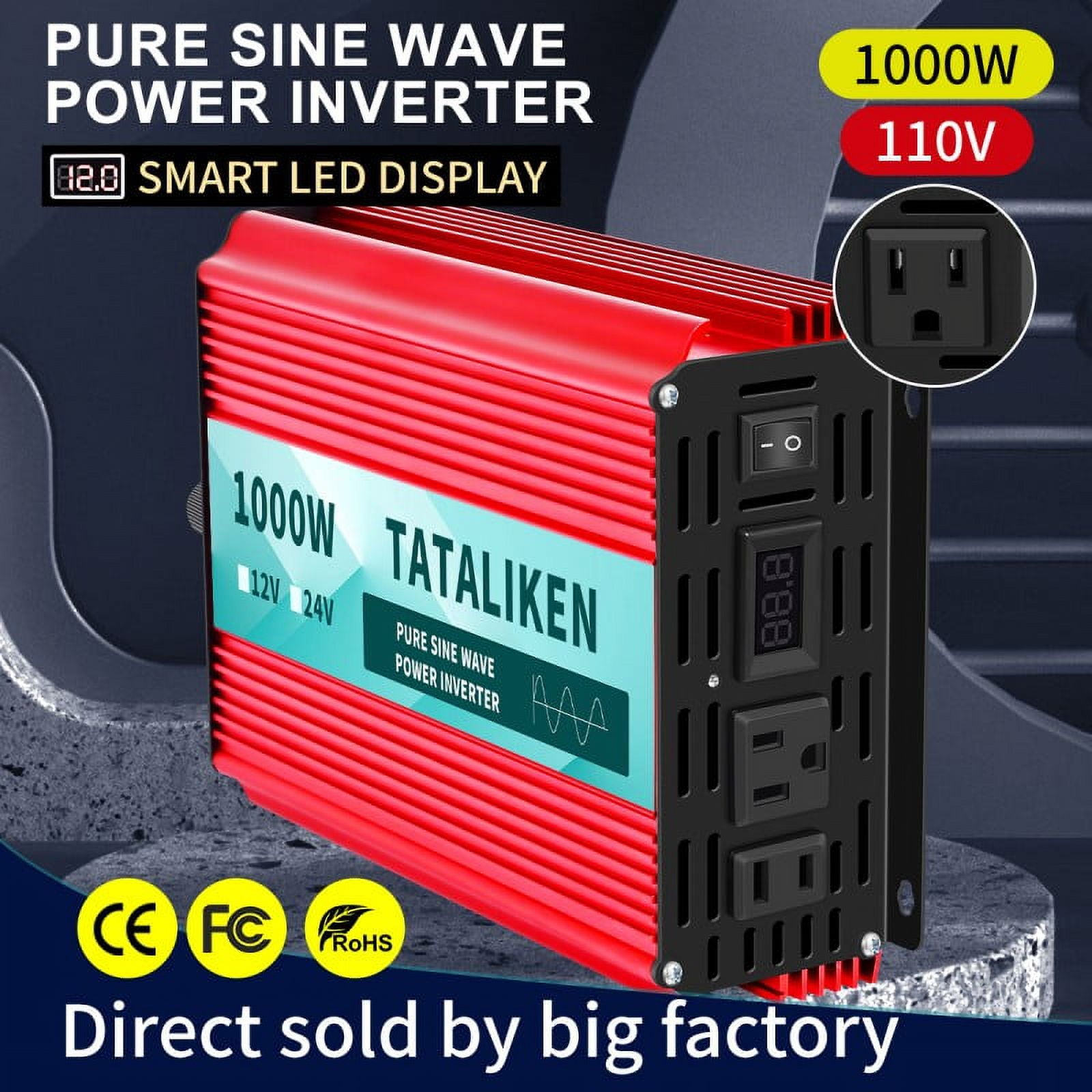 TATALIKEN 1000 Watts 2000 Watts Pure Sine Wave Power Inverter DC 12V to AC 110V/120V Car Inverter with 2 AC Outlets for Power Tools Home Vehicles RV Truck, LCD Display