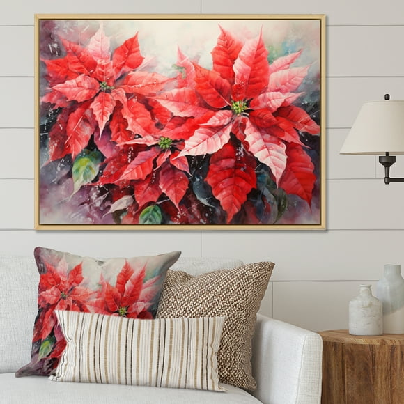 Designart Art Mural Encadré Poinsettias, Expressions en Poinsettia, Décoration Murale Encadrée Poinsettias, Art Mural Traditionnel Naturel Corail, 40x30 Pouces Cadre Couleur Brun Naturel
