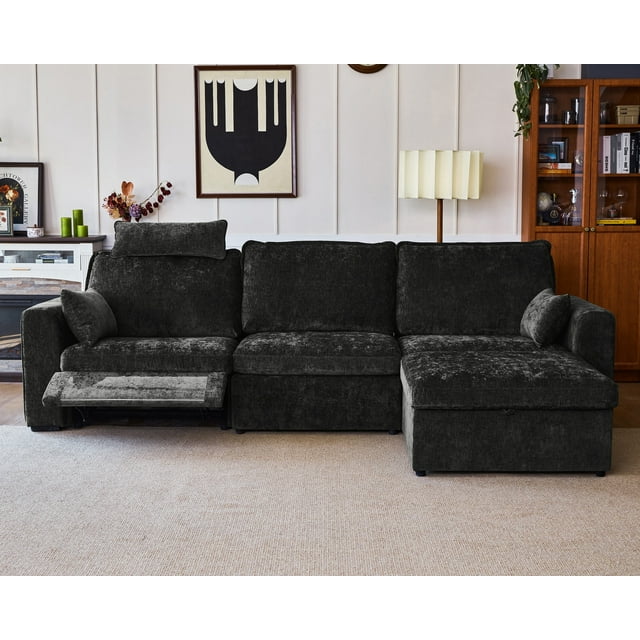 BEDEEP Canapé Inclinable Électrique 125 Pieds' avec Appui-Tête, Canapé Sectionnel en Chenille Moduar Cloud avec Rangement Ottoman Chaise Longue, Canapé Convertible 4 Places pour Salon RV, Noir