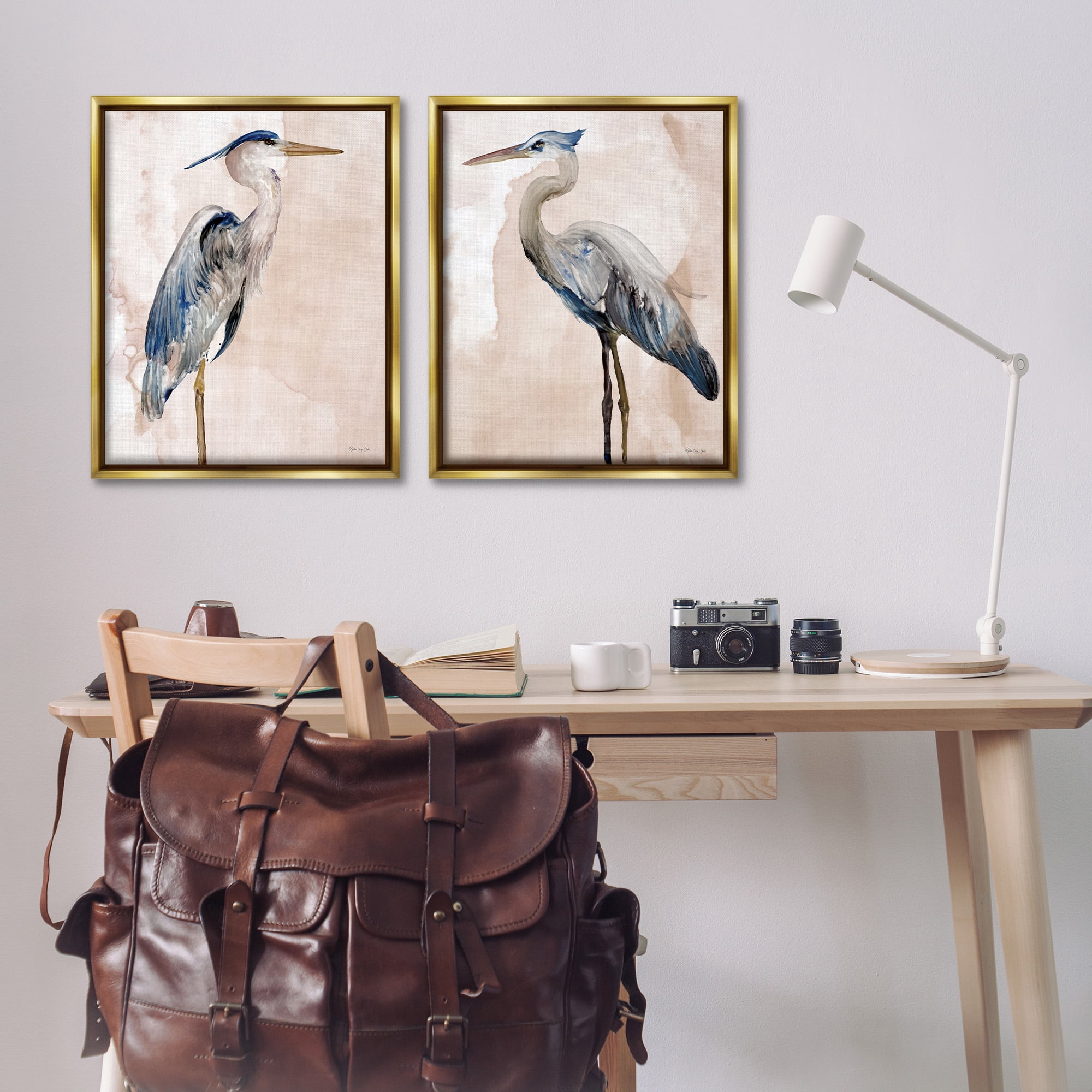 Stupell Industries Beautiful Heron Birds Standing Watercolor Animals & Insects Painting Gold Floater Framed Canvas Art Print Wall Art, 25 x 31, Set of 2
