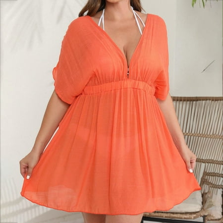 WDZUDU Women s Solid Color Short Sleeved V-neck Waist Cinching Skirt Pleated Beach Bikini Cover Up Short Sleeved V-neck Dress Casual Womens Dresses Suitable for Any Occasion Orange XXXL
