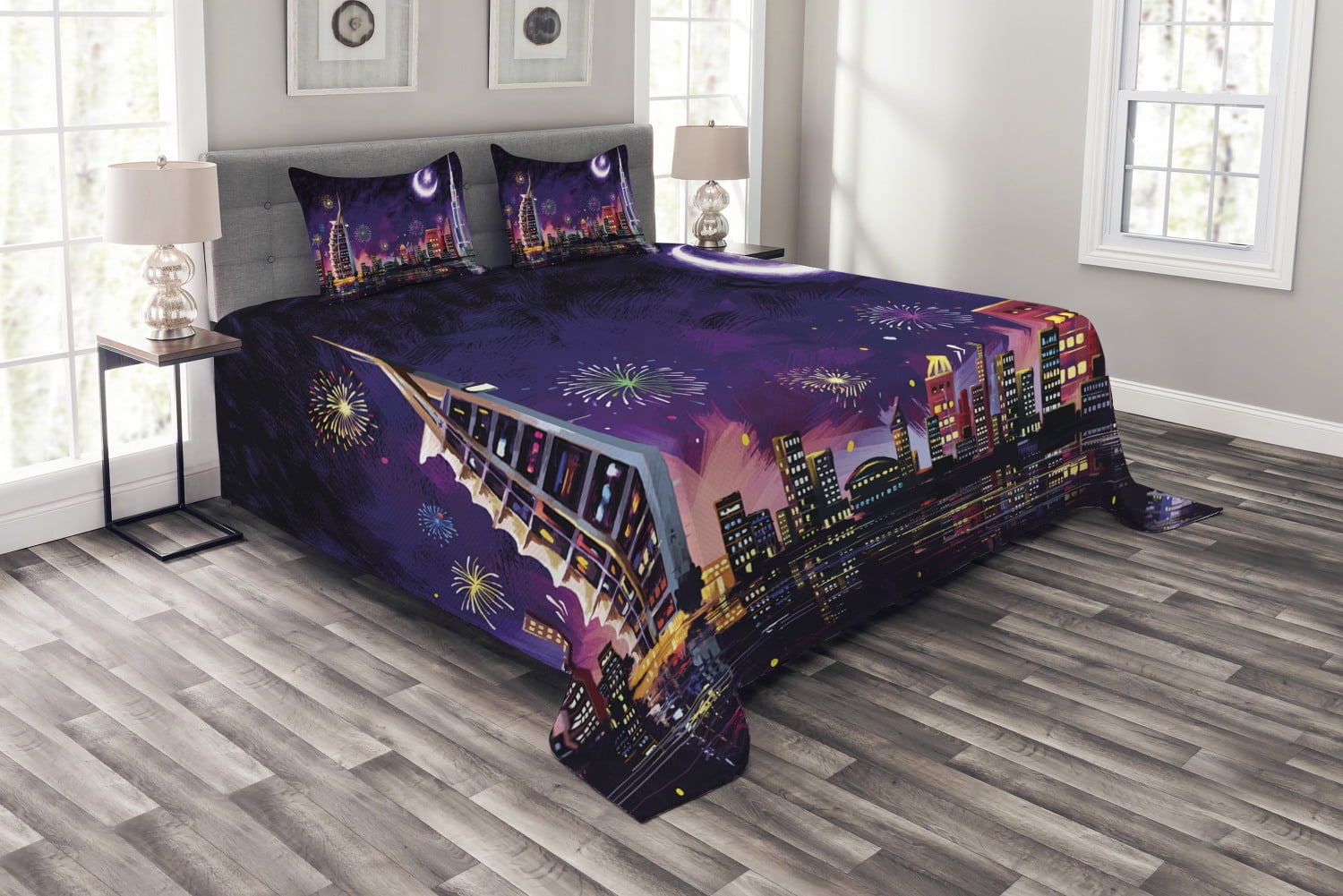 Landscape Bedspread Set King Size, Illustration of Eid Celebration at