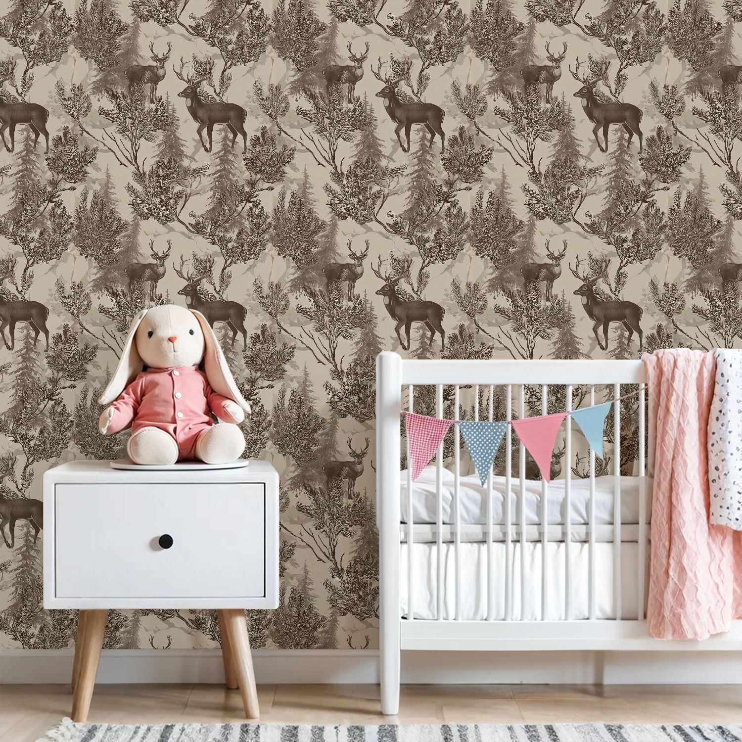 Peel and Stick Wallpaper Deer Woodland Forest Sepia Tones Pine Branches Wall Mural 23.6in x 9.8ft Self Adhesive Removable Wall Paper Renter Friendly Wallpaper for Nursery Bedroom Cabinets