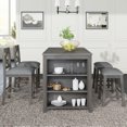 thumbnail image 3 of 5 Piece Dining Table Set with 3 Layer Open Storage Shelf, Rectangular Table with 2 Upholstered Chairs and 2 Rivets Trim Stools, 3 of 8