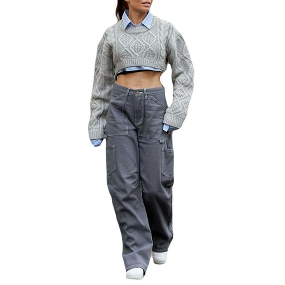 SAYOO Women Cropped Knitted Sweater Solid Color Round Neck Long Sleeve Pullovers Spring Autumn Fashion Casual Tops