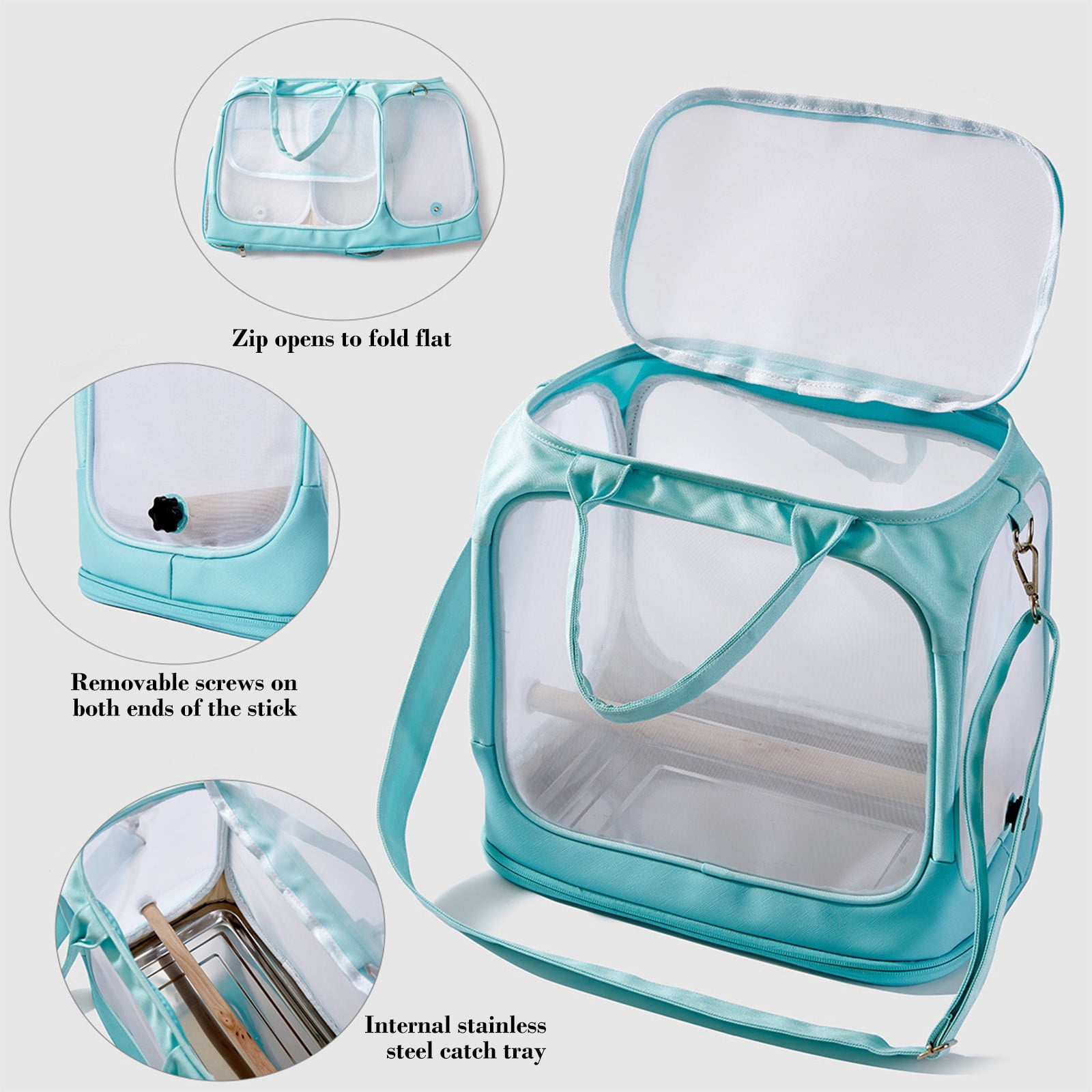 RBCKVXZ Birds Travel Cage, Portable Small Birds Parrots Parakeet Carrier with Standing Perchs ( Metal Tray), Side Accesss Window Foldable, Mesh Windows, Mint Green