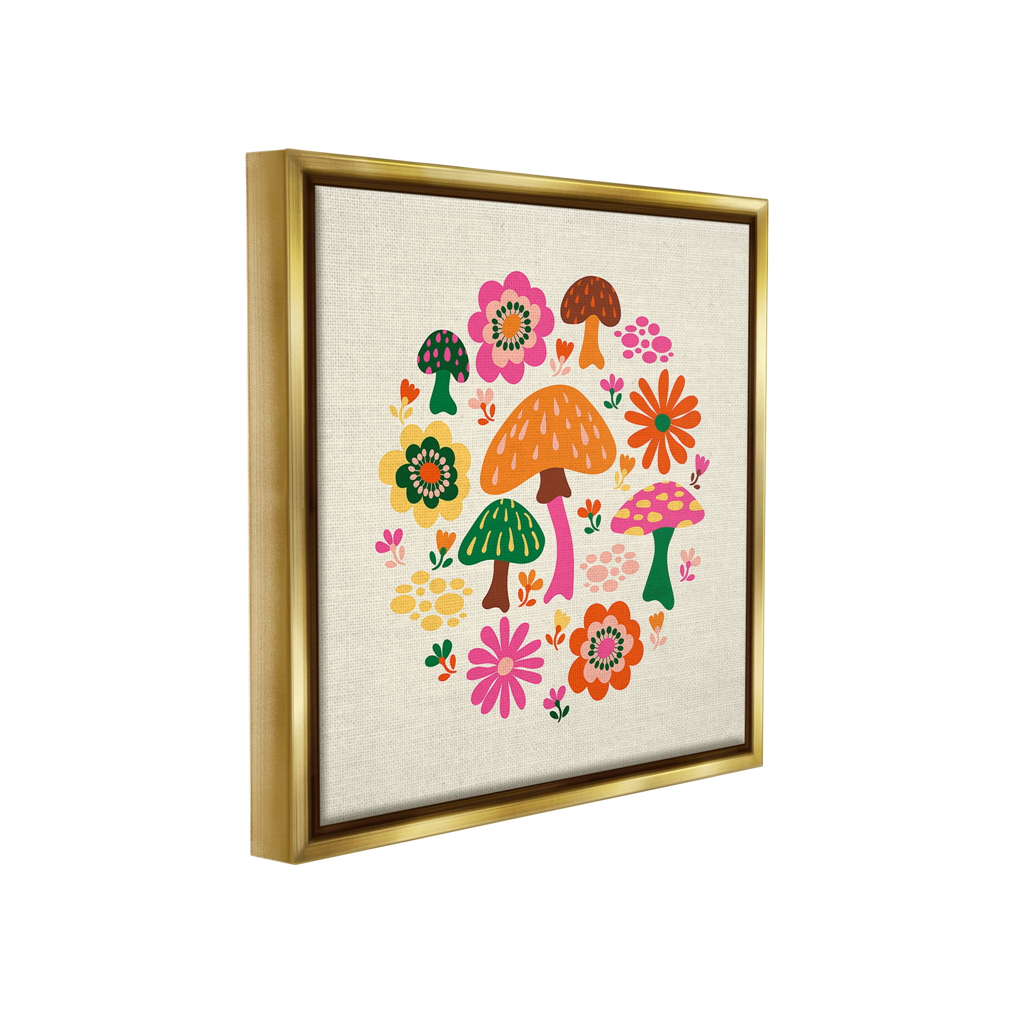 Stupell Industries Groovy Mushrooms & Daisies Botanical & Floral Painting Gold Floater Framed Canvas Art Print Wall Art, 18 x 18