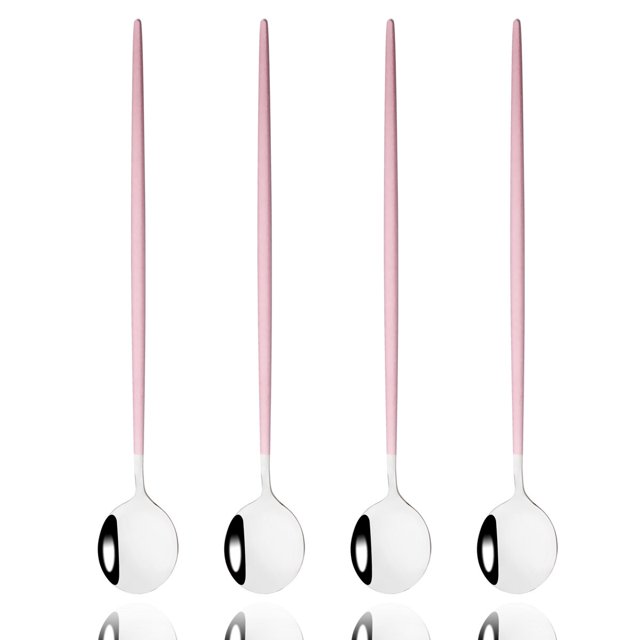 Juego de cubertería de acero inoxidable con mango largo, cuchara negra de 4 piezas, cuchara de café helado, cuchara agitadora, vajilla Fivean unisex