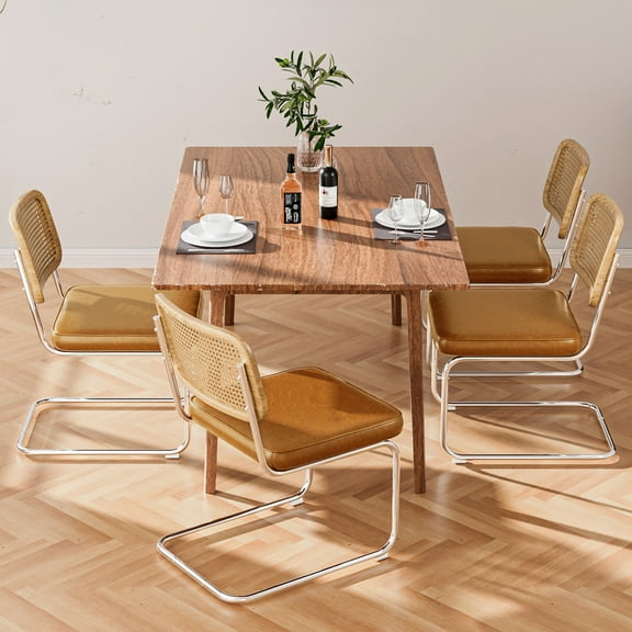 Natural Rattan Dining Chairs Set of 4, Modern Dining Room Chairs with Solid Wood Back for Kitchen Living Room, Upholstered Faux Leather Dining Room Chairs