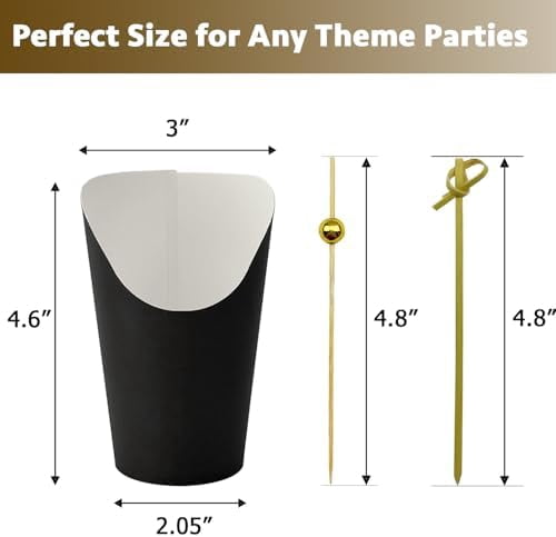 50 Charcuterie Cups + 200 Cocktail Picks + 56 Labels, 12 oz Disposable Charcuterie Cups with Sticks (2 Types), French Fry Cups Brown Paper Appetizer Cups for all Occasions（Black）