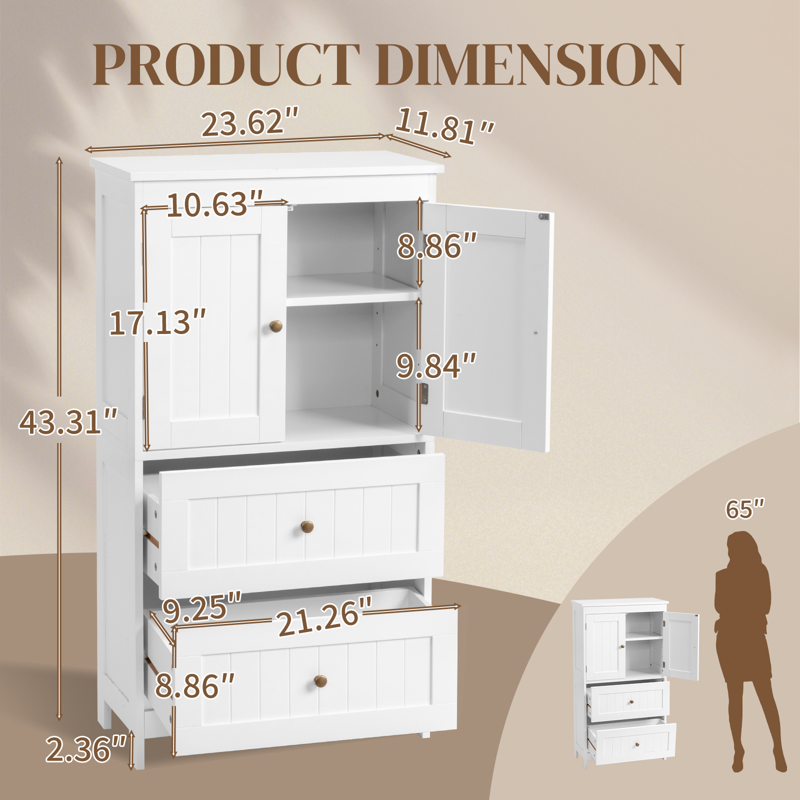 Ktaxon Bathroom Floor Storage Cabinet, Freestanding Cabinet with 2 Doors 2 Drawers, Adjustable Shelves, White