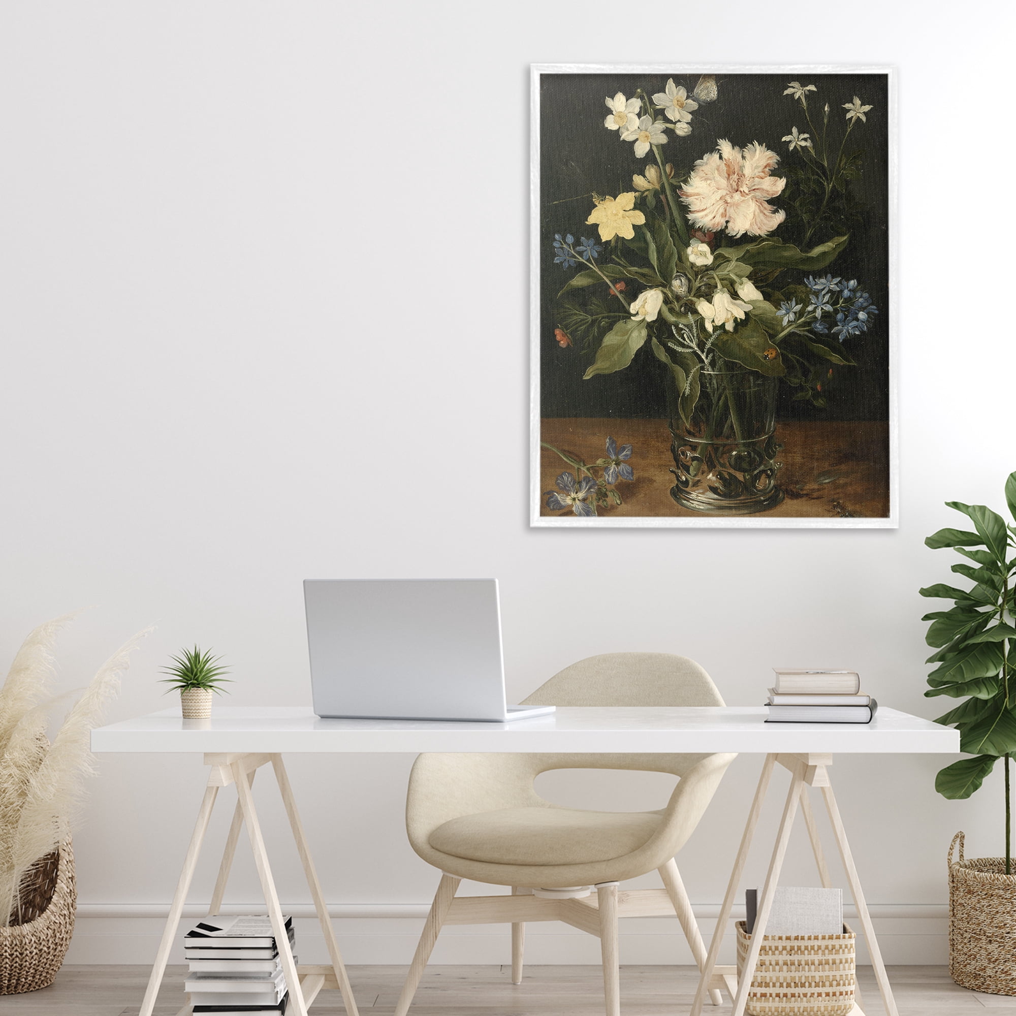 Stupell Industries Chrysanthemum & Flowers in Vase White Framed Giclee Art, design by Vintage Hustle