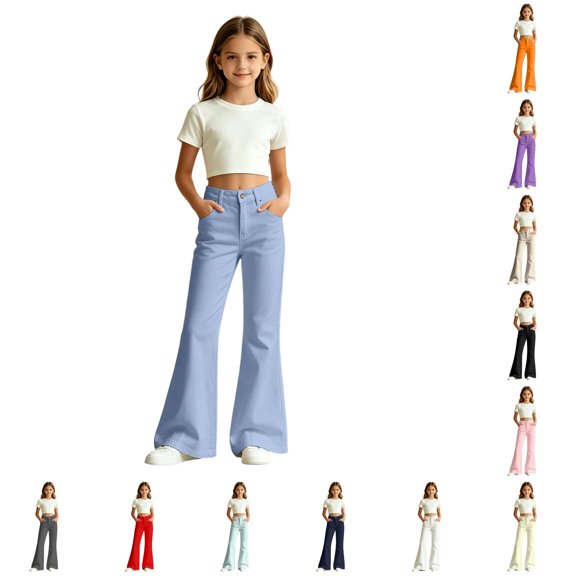 RTKFRFLM Kids School Uniform Bootcut Flared Pants Solid Color Casual Double Pocket Trousers for Back to School Clothes for Girls
