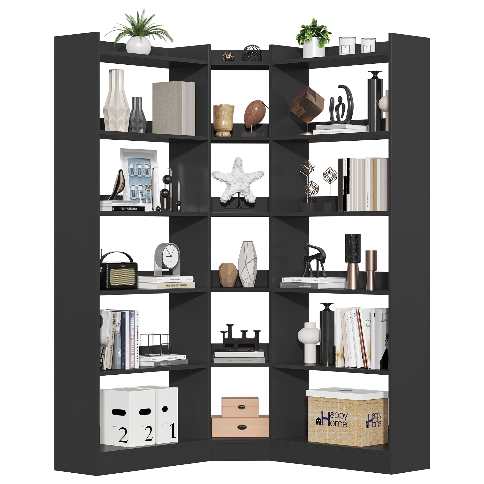 Triple Wide Corner Bookcase with 15 Cube, 6-Tire Bookshelf Display Storage Cabinet, Modern L-Shape Shelf Living Room Furniture for Home Office, Black