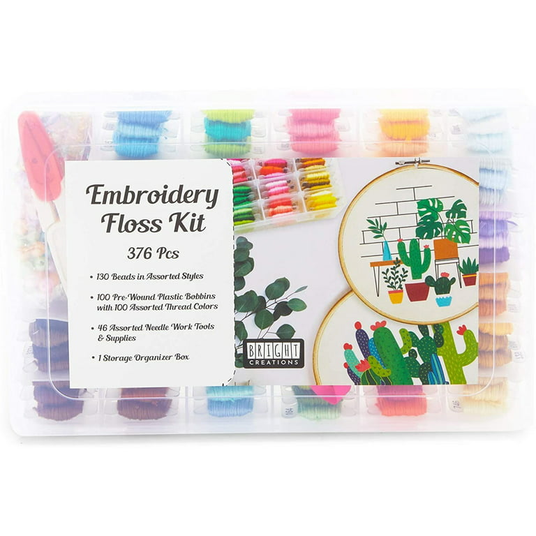 Embroidery Floss Kit for Beginners with Bobbins, Beads, Ribbons, Tools (376  Pieces)