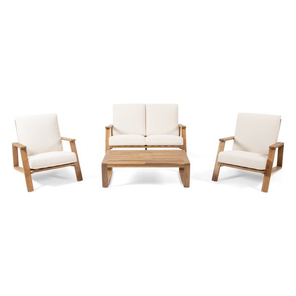GDF Studio Youssef Outdoor Acacia Wood 4 Seater Chat Set with Cushions, Teak and Beige