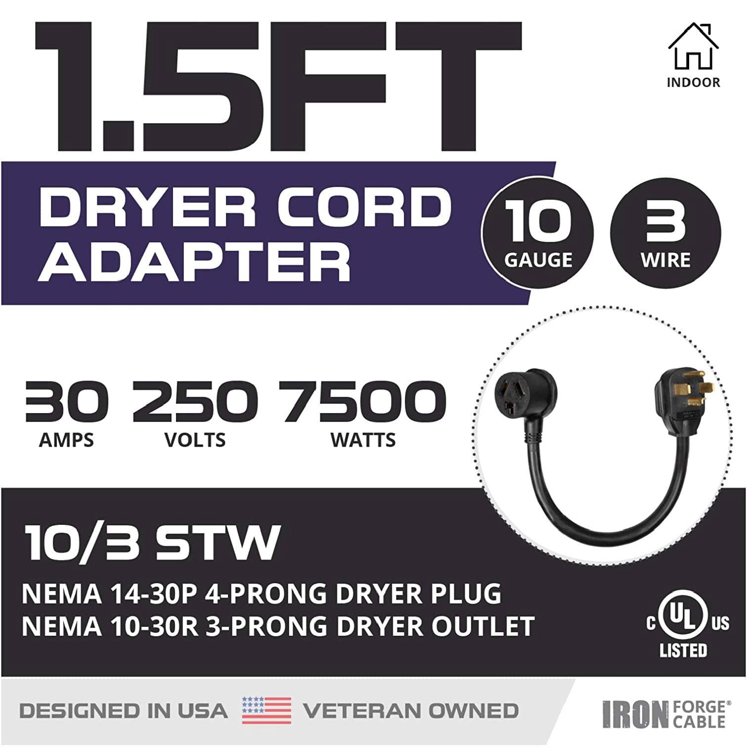 Iron Forge Cable 3 Prong to 4 Prong Dryer Plug Adapter - 10/4 STW 1.5 Ft Black Outlet Adapter for Dryer - NEMA 10-30R to 14-30P
