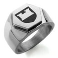 thumbnail image 1 of Stainless Steel Castle Protection Coat of Arms Shield Engraved Hexagon Crest Flat Top Biker Style Polished Ring, 1 of 1