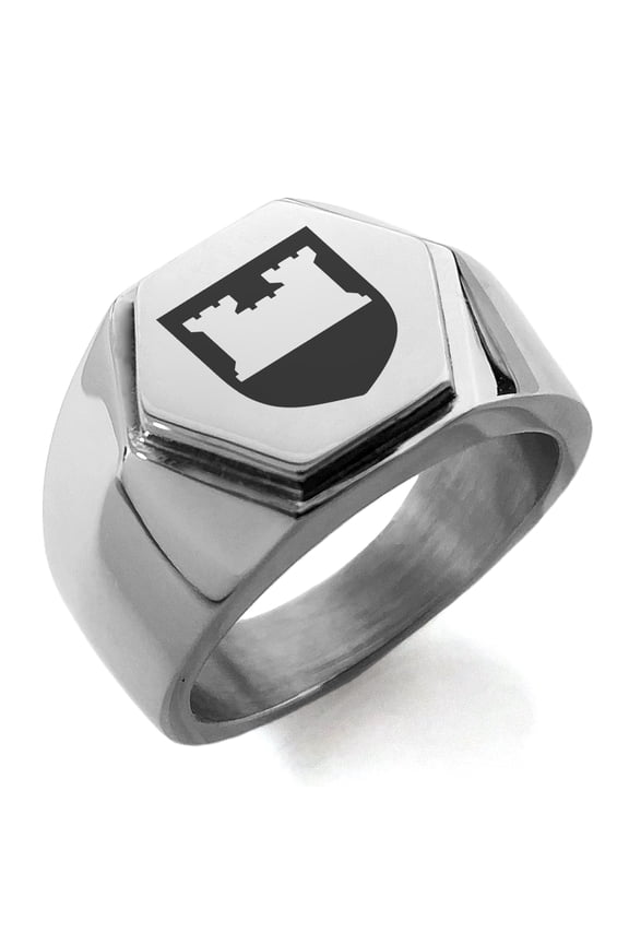 Stainless Steel Castle Protection Coat of Arms Shield Engraved Hexagon Crest Flat Top Biker Style Polished Ring