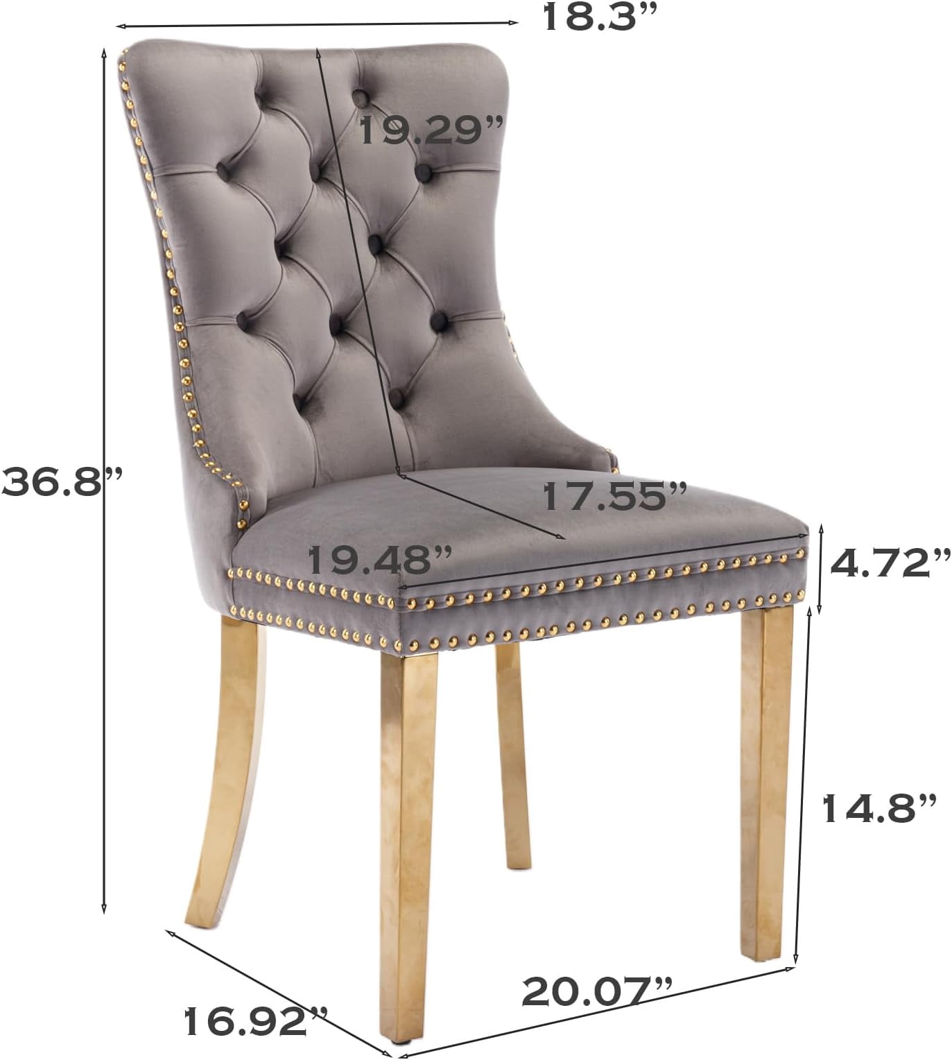 JESTOP Velvet Dining Chair Set of 8, Upholstered Tufted Dining Room Chair with Nailhead Trim and Solid Gold Plated Leg for Kitchen(Grey)