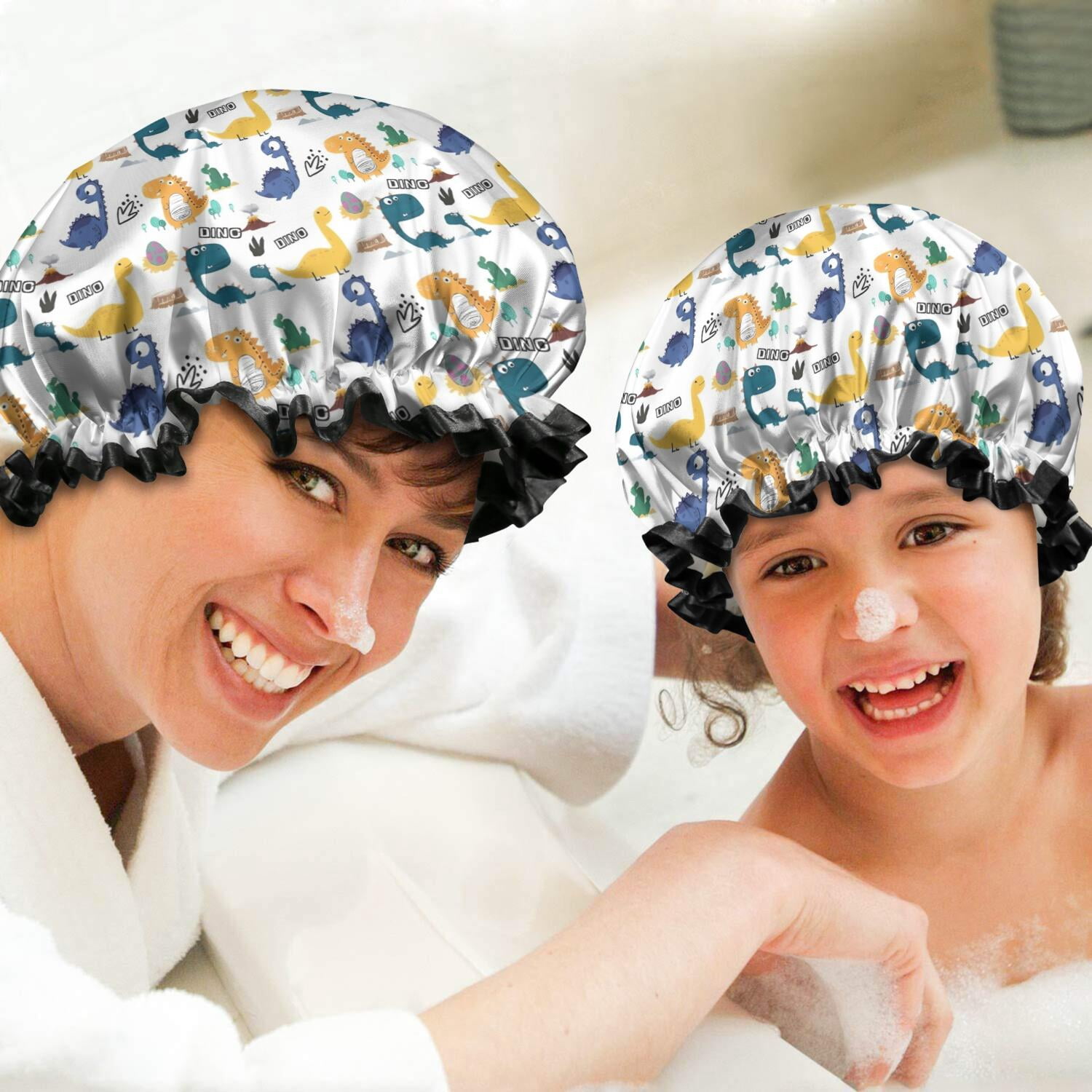 Shower Caps,Colorful Dinosaurs DINO Eggs Pattern Waterproof Shower Cap for Women 4 Pieces,Double Reusable Hair Cover for Shower PEVA Elastic Stretch Hem