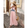 thumbnail image 5 of Pink Womens Backless Geometric Embroidered Maxi Vacation Dress With V-Neck And Waist Band, 5 of 6