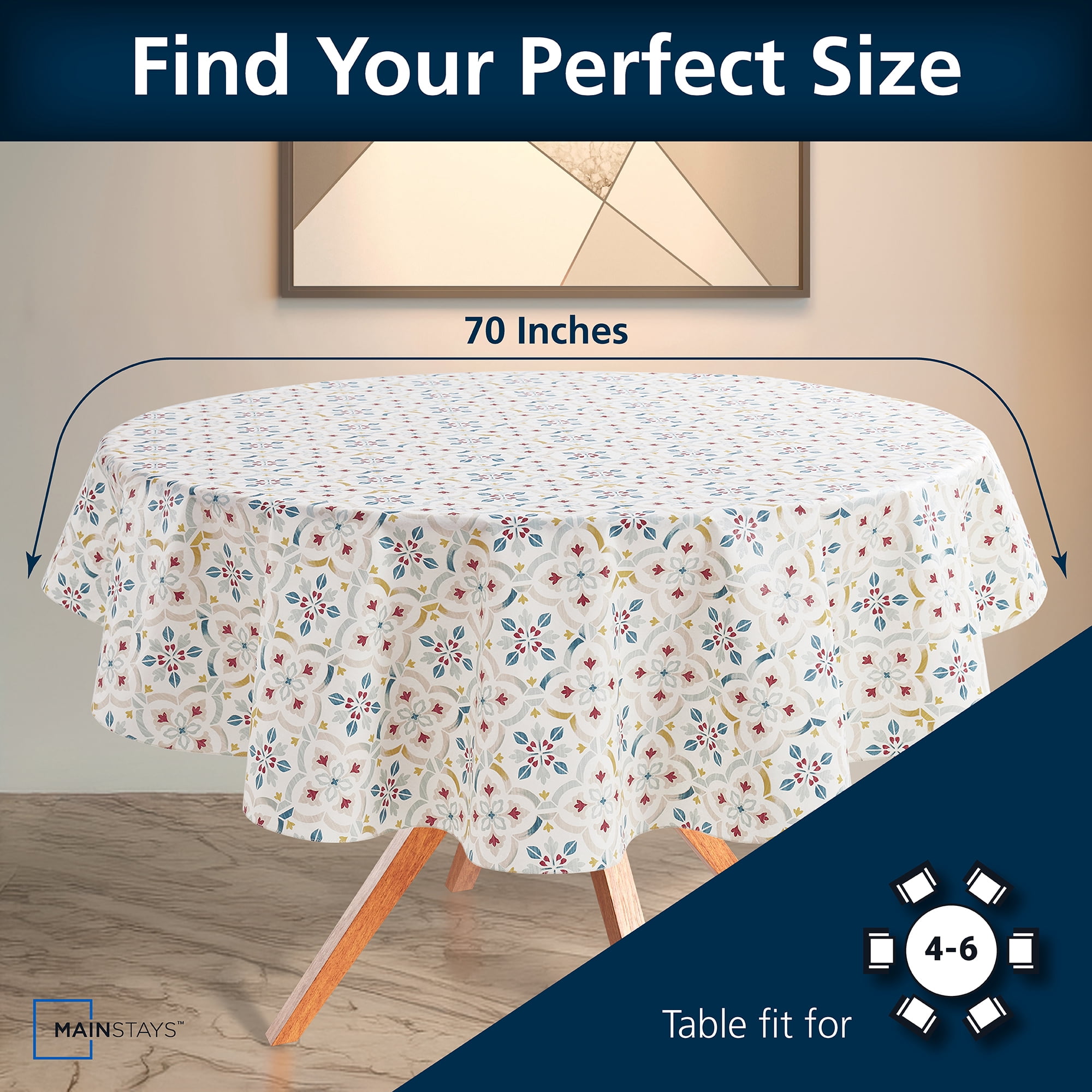 Mainstays PEVA Everyday, Indoor & Outdoor Tablecloth 70" Round, Farmhouse Tile