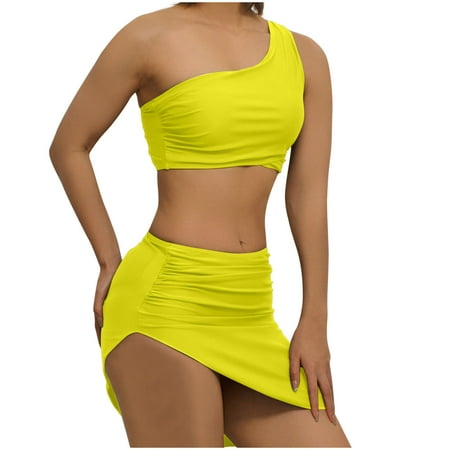 Arnsht Women s Fashion Solid Color Slant Shoulder Bikini with Bra Pads No Steel Support Split Swimsuit 3 Piece Set Yellow L