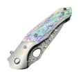 thumbnail image 2 of Damascus Outdoor Pocket Knife — Abalone Shell Handle, Sandblasted CNC Steel Bolster — Camping & EDC Folding Knife (VG10 Steel), 2 of 12