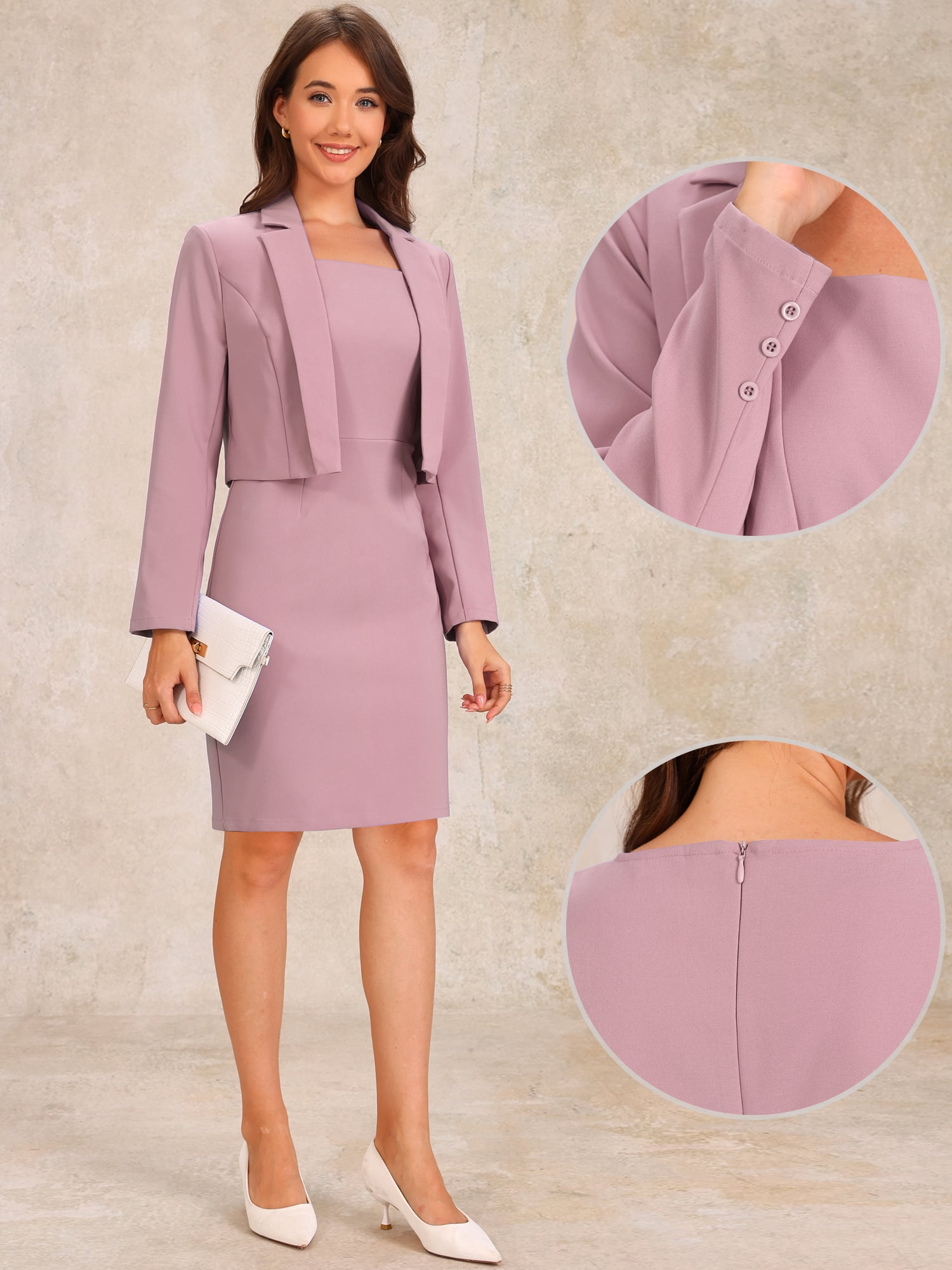 DARING DIVA 2Pcs Women's Long Sleeve Blazer Sleeveless Dress Suit Set S Grey Pink