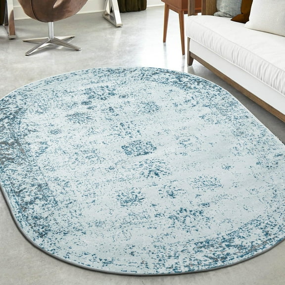 Unique Loom Sofia Collection Area Rug - Casino (2' x 3' 1" Oval Light Blue/Ivory)