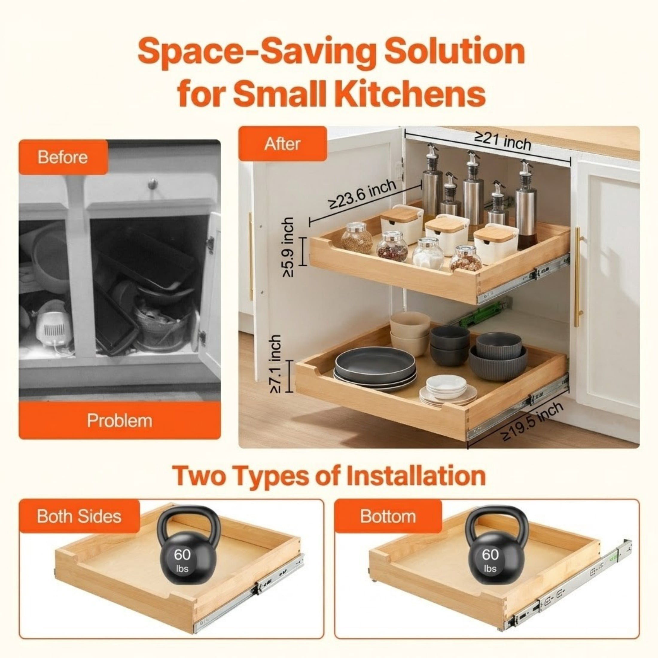 20"W x 21"D Pull Out Cabinet Organizer, Soft Close Slide Out Shelf, Heavy Duty Sliding Wood Drawer, Bottom & Side Mount for Kitchen, Pantry, Bathroom
