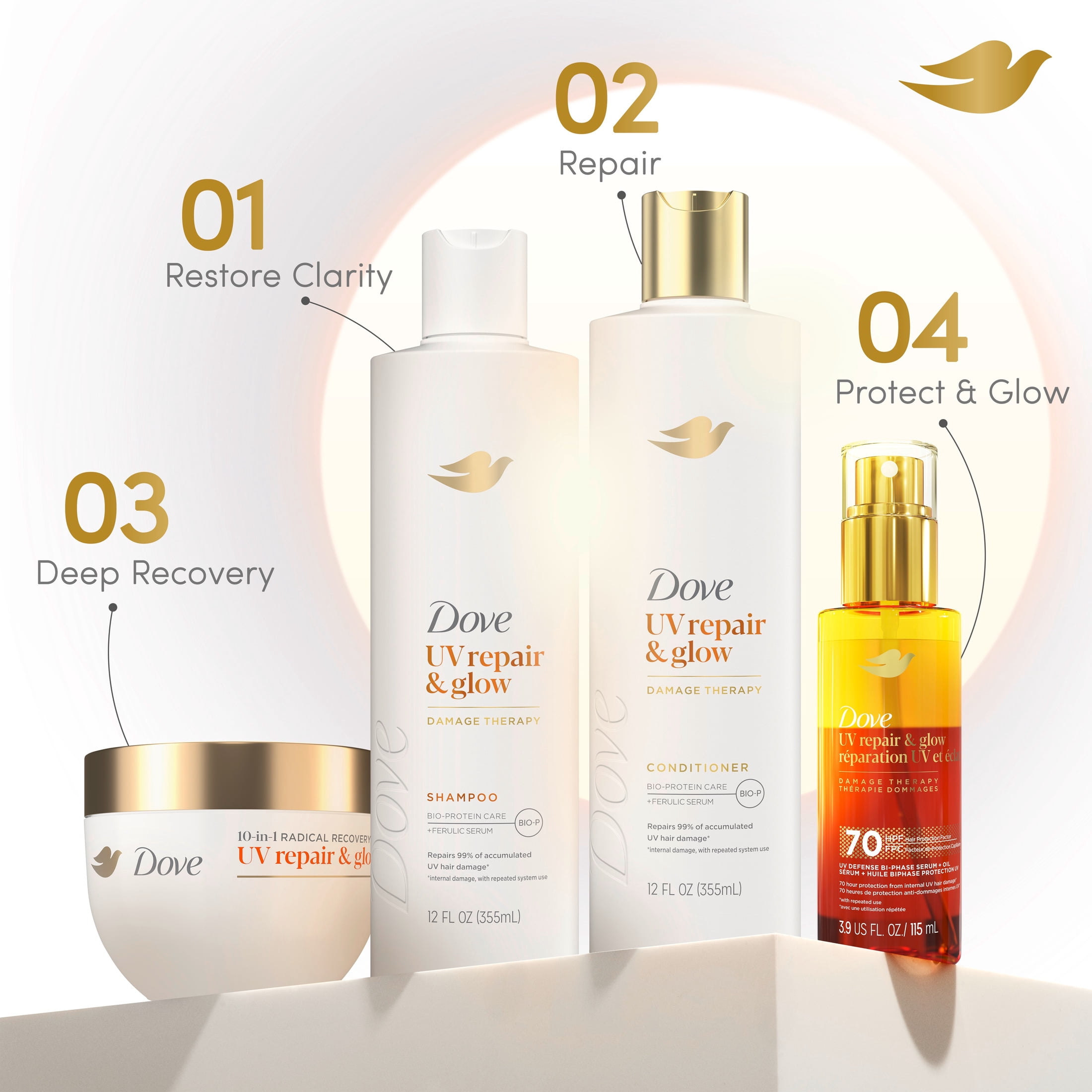 Dove Damage Therapy Defense Bi-Phase Serum + Oil for 70H Protection UV Repair & Glow with Ferulic Serum, 3.9 fl oz