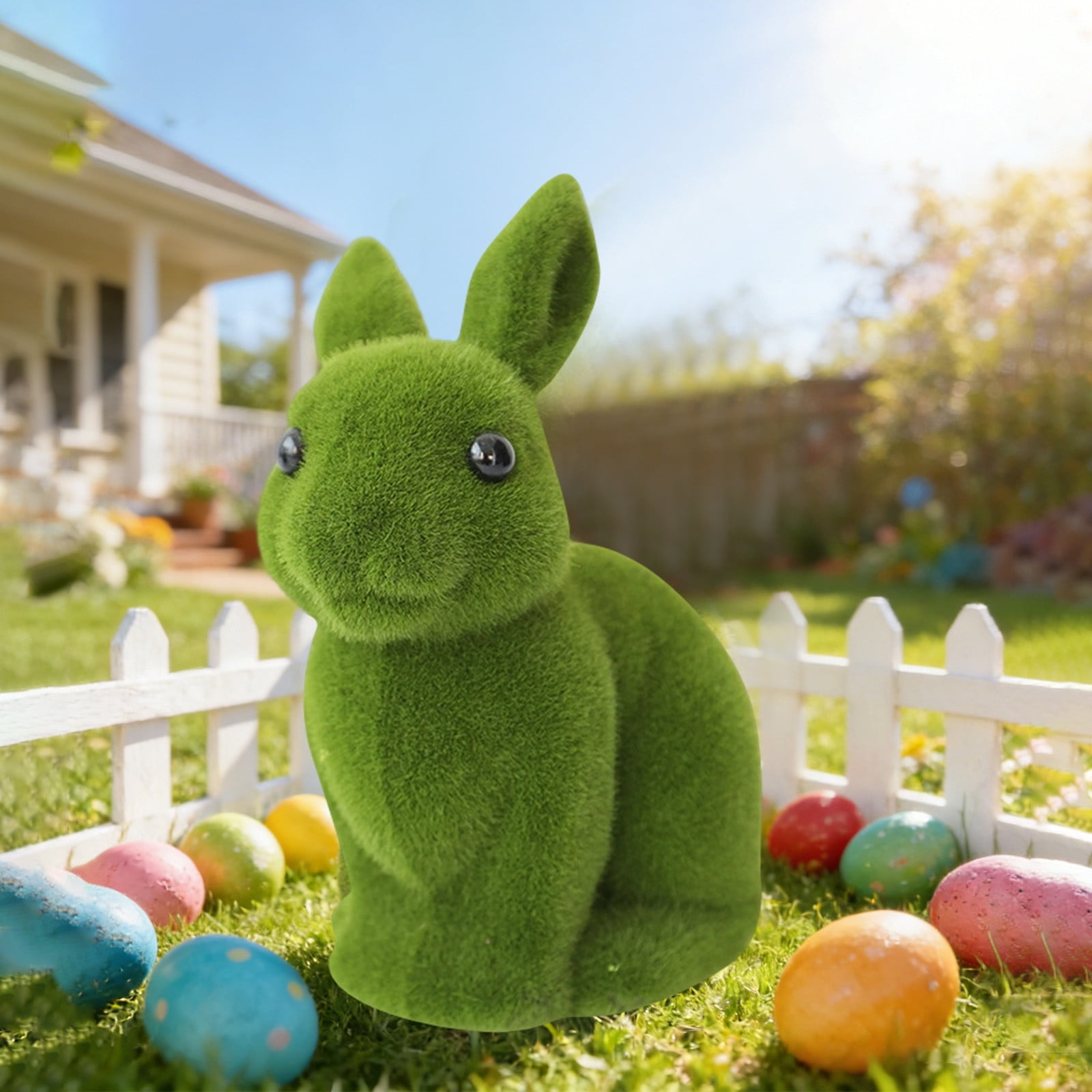 Easter Bunny Decoration, Artificial Moss Green Flocking Rabbit Sculpture for Garden, Spring Easter Party Decor, Home Table Decoration, Family Gathering Gift & Baking Centerpiece Ornament
