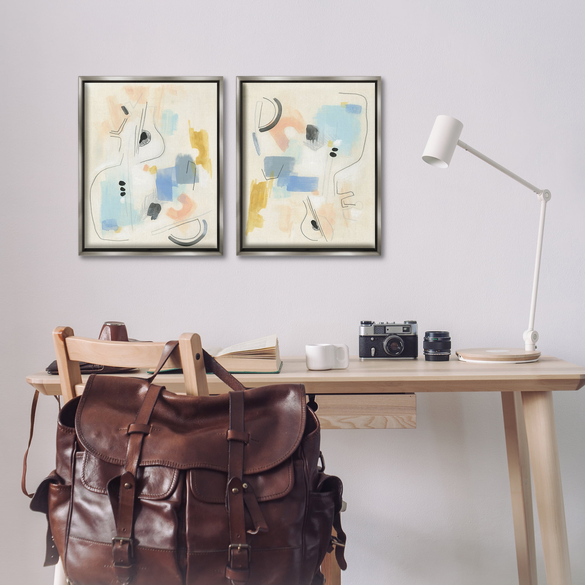 Stupell Industries Pastel Shapes Lines Patches Abstract Painting Gray Floater Framed Canvas Art Print Wall Art, 17 x 21, Set of 2