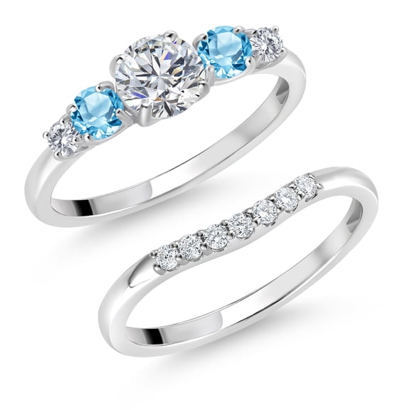 Gem Stone King 10K White Gold White Lab Grown Diamond and Swiss Blue Topaz 5-Stone Bridal Engagement Wedding Ring Set for Women | 0.91 Cttw | Round: 5MM and 3MM | Size 9