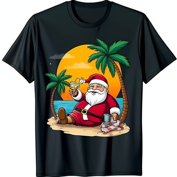 Santa Claus Beach Relaxation T-Shirt Tropical Sunset Graphic Tee