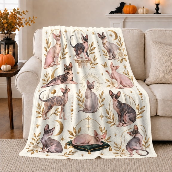 Hairless Sphynx Cats Gold Laurel Crescent Moon Art, Festive Pet Portrait Pattern, Warm Flannel Blanket for Living Room and Bedroom, Cat Lovers Christmas Gift, Pet Lover Home Decor