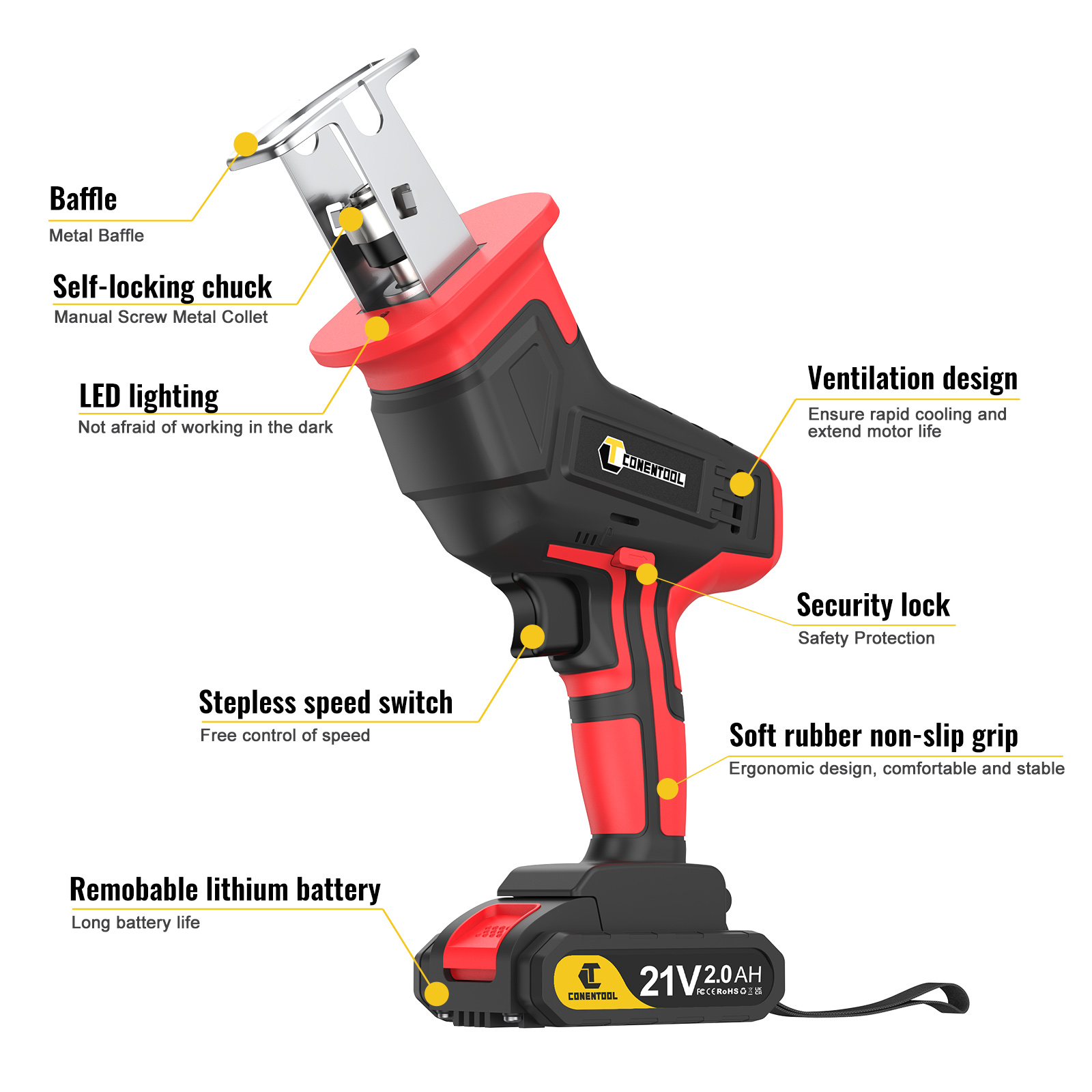 Conentool 21V Cordless Reciprocating Saw -load Speed 3800rpmWith  Rechargeable Battery, Wood Saw Blade, Metal Saw Blade,Electric Hand Saw 