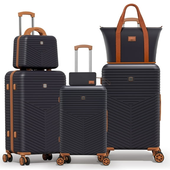 SANOPY 6 Piece Luggage Set(20/24/28) , Hardside Lightweight ABS PC Suitcase Set with Expandable Duffel Bag   Toiletry Bag, Spinner Wheels and TSA Lock, Black